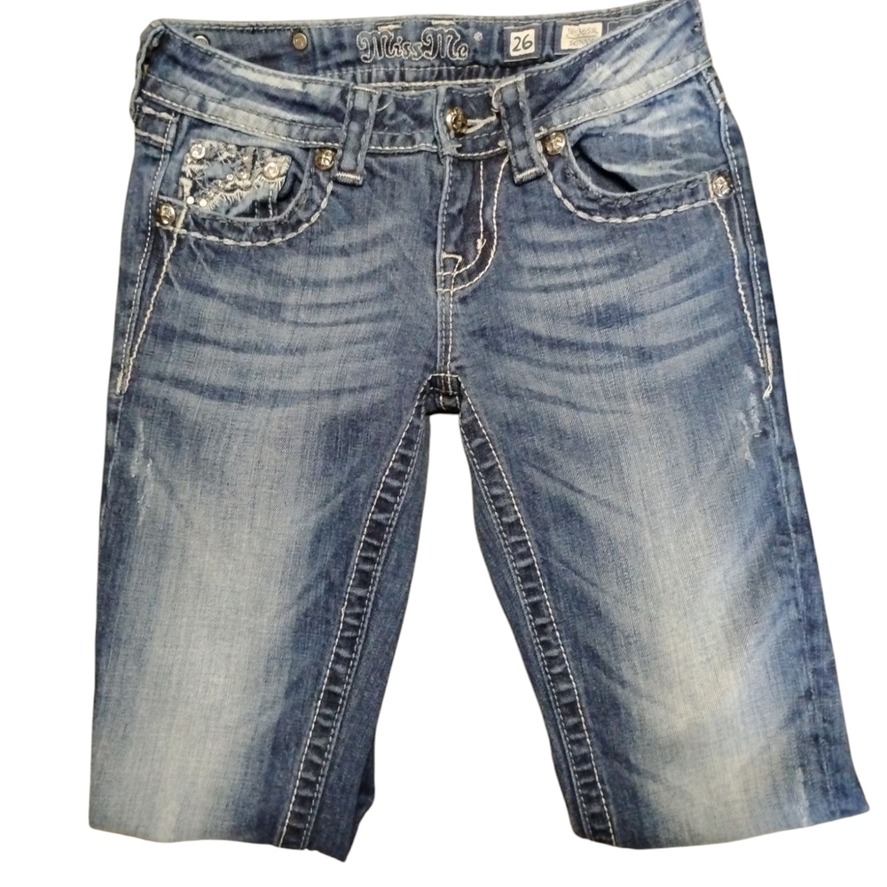 Miss Me Blue Vintage-Inspired Jeans with Embellished Details
